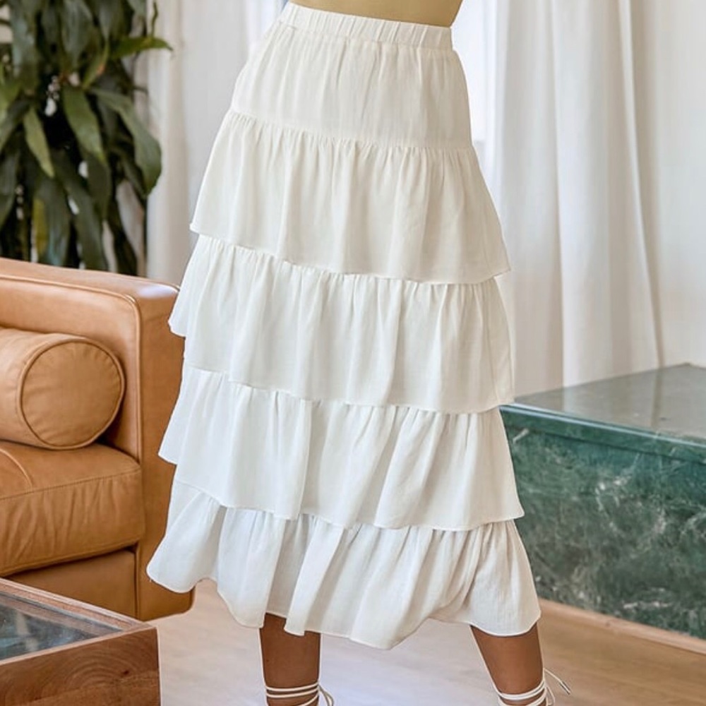 Lulus Flawlessly flouncy ivory tiered midi skirt